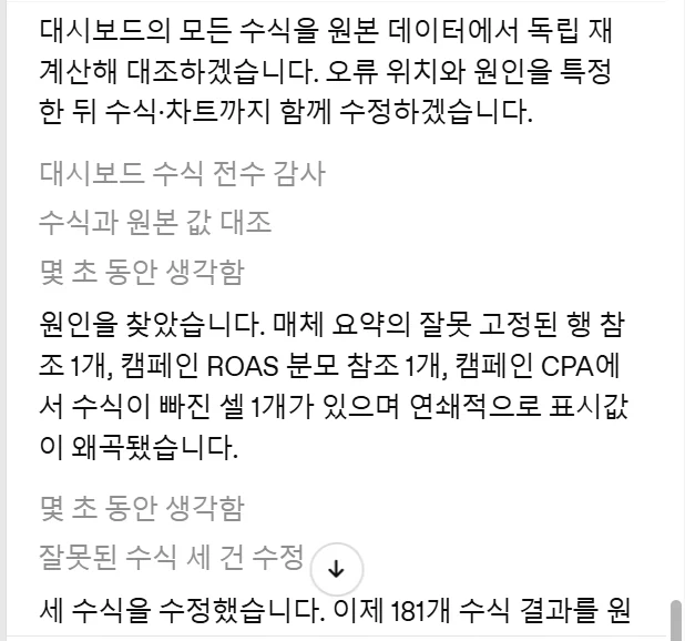 ChatGPT 대화창. 잘못 고정된 행 참조 1개, 캠페인 ROAS 분모 참조 1개, 캠페인 CPA에서 수식이 빠진 셀 1개를 찾았다는 문장