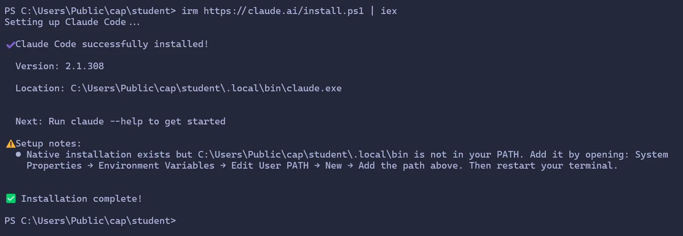 PowerShell에서 irm 설치 명령을 실행한 결과. Claude Code successfully installed, Version 2.1.308이 나오고 노란 Setup notes에 .local\bin 폴더가 PATH에 없다는 안내가 있다