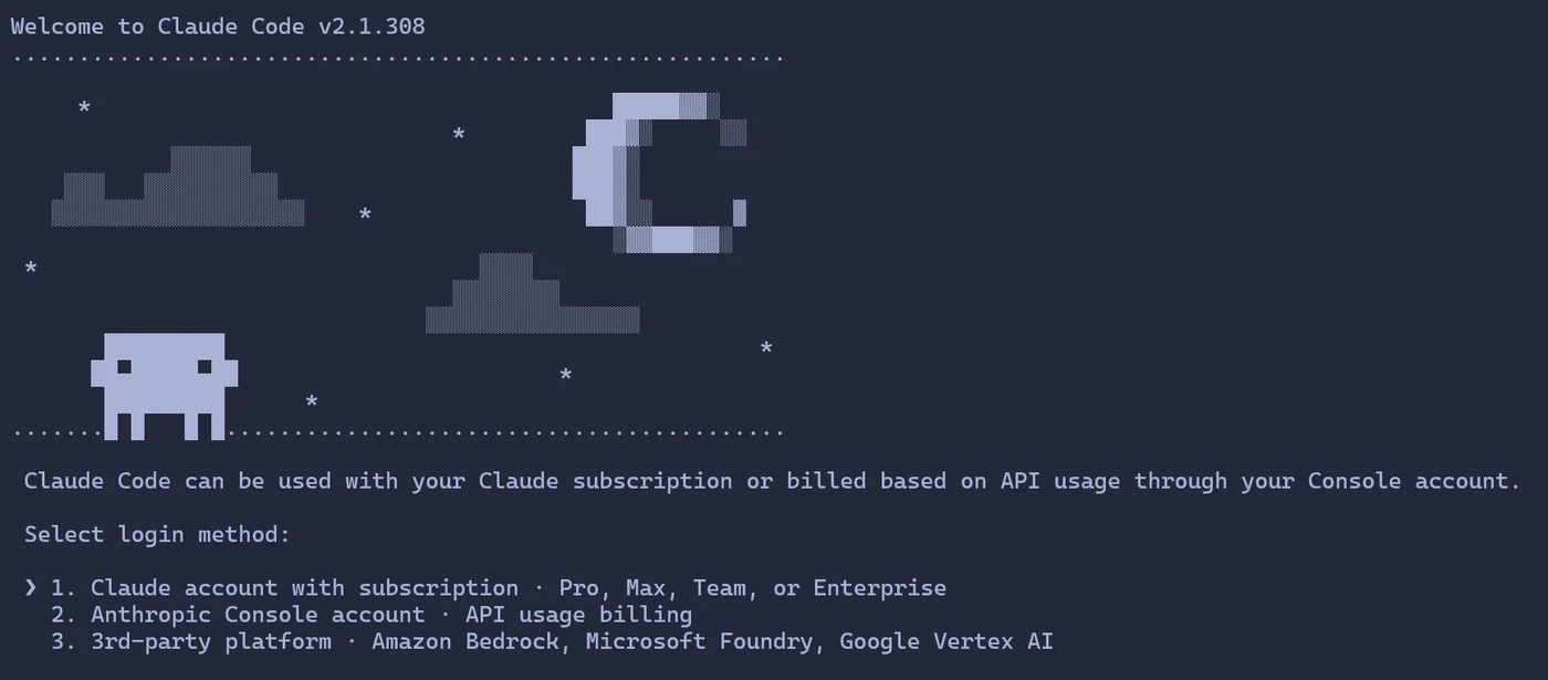 Claude Code 로그인 방법 선택 화면. Select login method 아래 1. Claude account with subscription · Pro, Max, Team, or Enterprise, 2. Anthropic Console account · API usage billing, 3. 3rd-party platform이 있고 1번에 커서가 있다