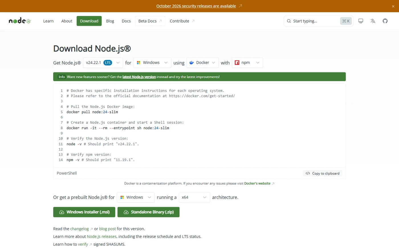 nodejs.org 다운로드 페이지. v24.22.1 LTS, Windows, using Docker로 열린 코드 상자 아래에 Windows Installer (.msi)와 Standalone Binary (.zip) 초록 버튼이 있다