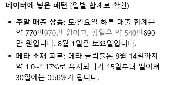 클로드 답변 일부. 주말 매출 합계 설명에서 970만 원이고 평일은 약 540만 부분에 취소선이 그어져 있다