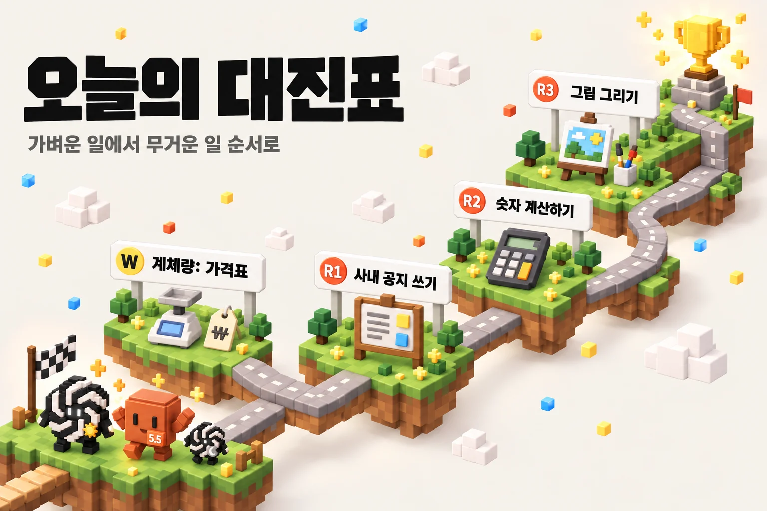 오늘의 대진표. 떠 있는 풀밭 섬을 잇는 블록 길에 네 정거장이 있다. W 계체량 가격표, R1 사내 공지 쓰기, R2 숫자 계산하기, R3 그림 그리기, 끝에 트로피. 출발점에 주황 블록 캐릭터 오퍼스와 흑백 매듭 캐릭터 솔이 서 있다