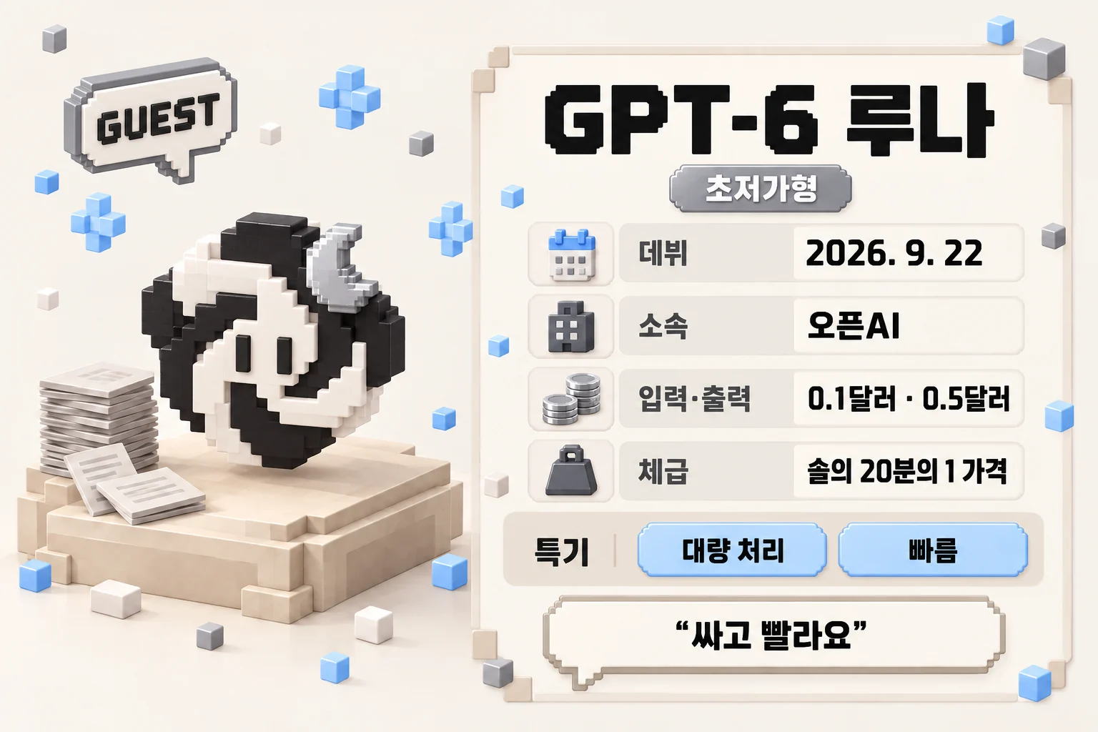 게스트 GPT-6 루나 프로필 카드. 초저가형, 데뷔 2026년 9월 22일, 소속 오픈AI, 입력·출력 0.1달러와 0.5달러, 체급 솔의 20분의 1 가격, 특기 대량 처리·빠름