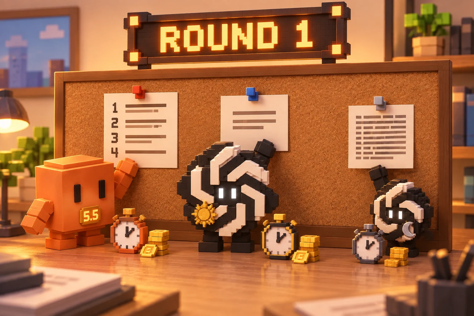 ROUND 1 간판 아래 게시판. 주황 블록 캐릭터 오퍼스는 번호 목록 공지를, 흑백 매듭 캐릭터 솔은 짧은 공지를, 작은 루나는 빽빽한 한 문단 공지를 붙이고 있다