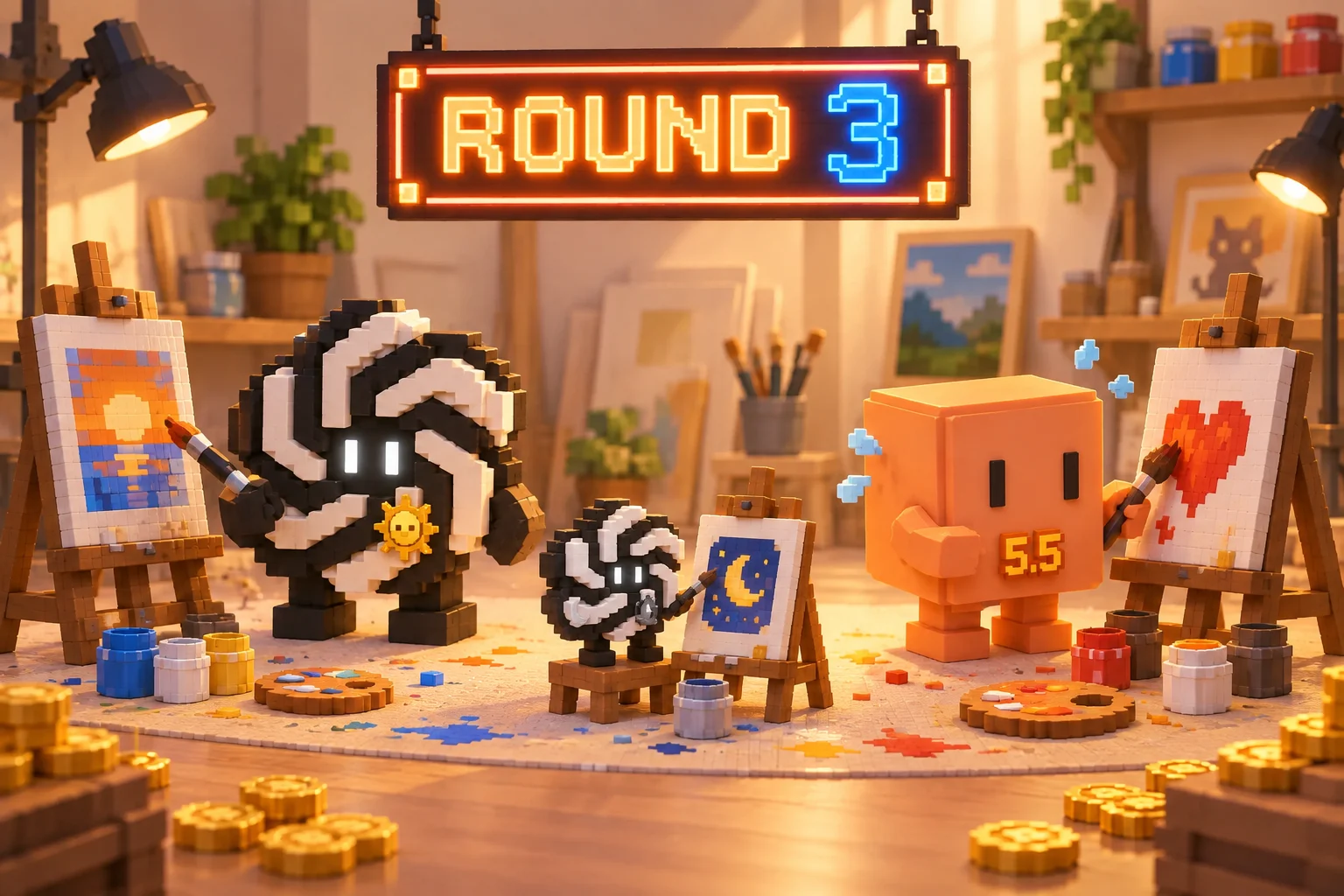 ROUND 3 간판 아래 화실. 흑백 매듭 캐릭터 솔과 주황 블록 캐릭터 오퍼스가 각자 이젤에 그림을 그리고, 작은 루나도 작은 이젤 앞에 있다