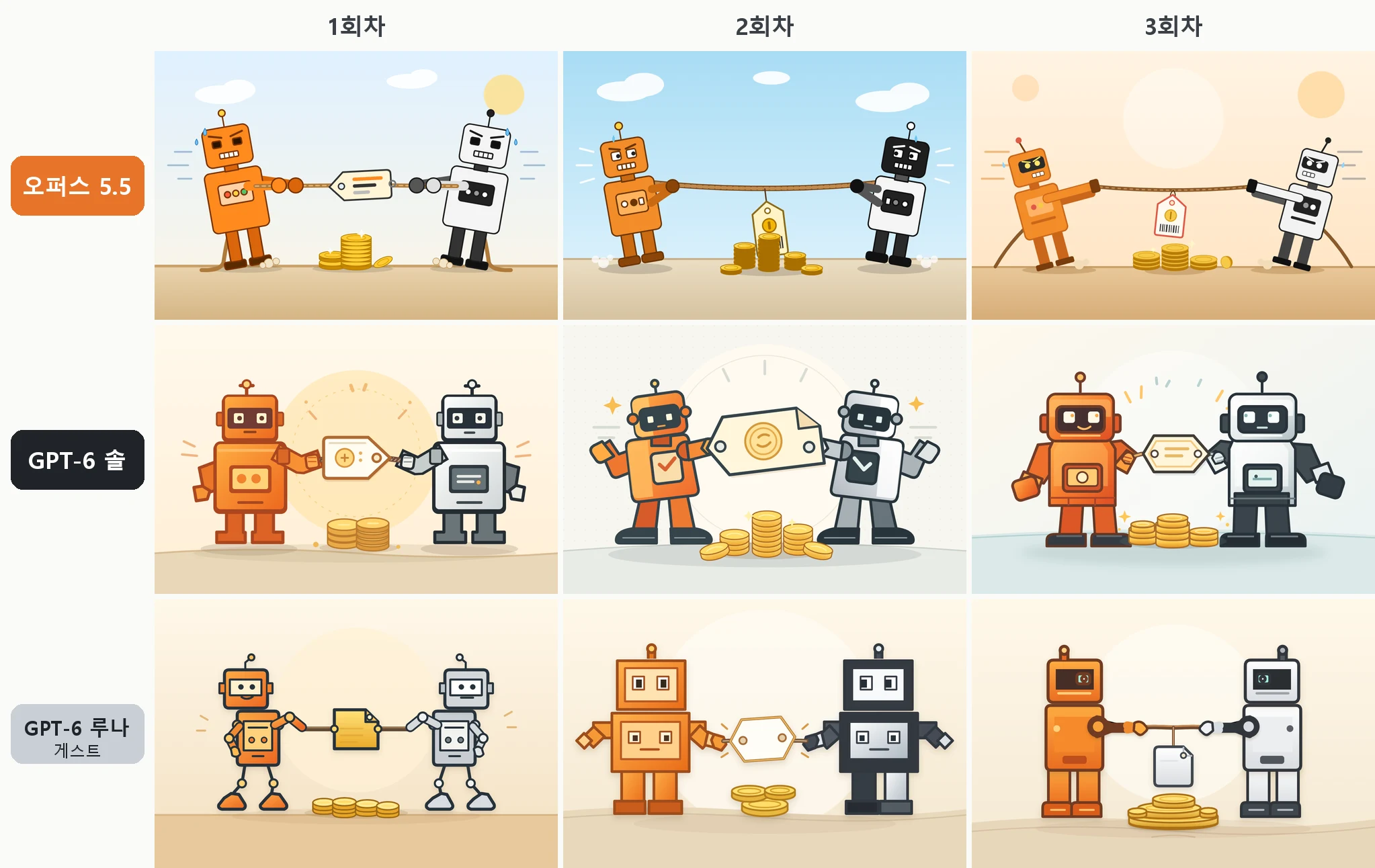 AI 세 모델이 그린 줄다리기 그림 아홉 장. 왼쪽 이름표로 줄마다 그린 모델을 표시했다. 윗줄 오퍼스 5.5의 세 장은 두 로봇이 밧줄을 잡고 몸을 뒤로 젖혀 당기고 있다. 가운데 줄 솔의 세 장과 아랫줄 루나의 세 장은 두 로봇이 가격표를 가운데 두고 마주 서 있다