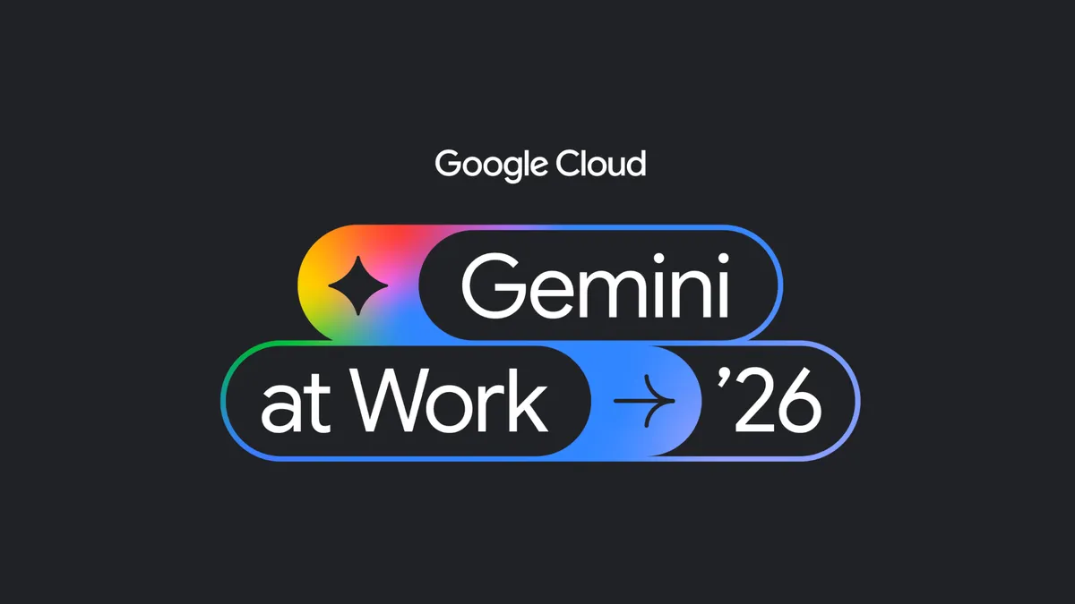 검은 배경 위쪽에 Google Cloud 글자가 있고, 그 아래 무지개색과 파란색 둥근 테두리 안에 Gemini at Work '26 글자와 반짝이 별이 그려진 행사 대표 이미지