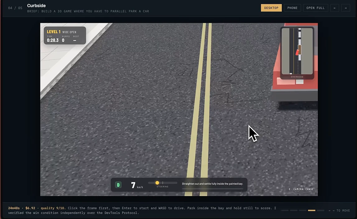 페이블이 만든 평행 주차 게임 Curbside. 뒤에서 따라가는 3D 시점으로 도로를 보여 주고 오른쪽 위에 작은 백미러 화면이 있다