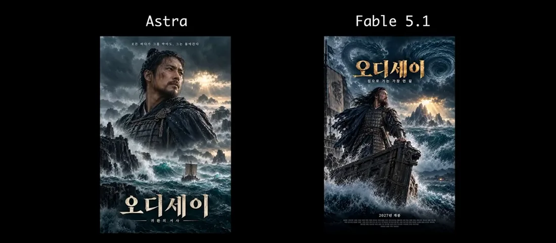 오디세이 포스터 한국판 두 장. 왼쪽 아스트라는 폭풍 바다 위 인물의 얼굴을 크게 잡은 사실적인 구성, 오른쪽 페이블은 갑옷 입은 인물이 뱃머리에 서고 소용돌이와 배와 파도가 빼곡한 구성