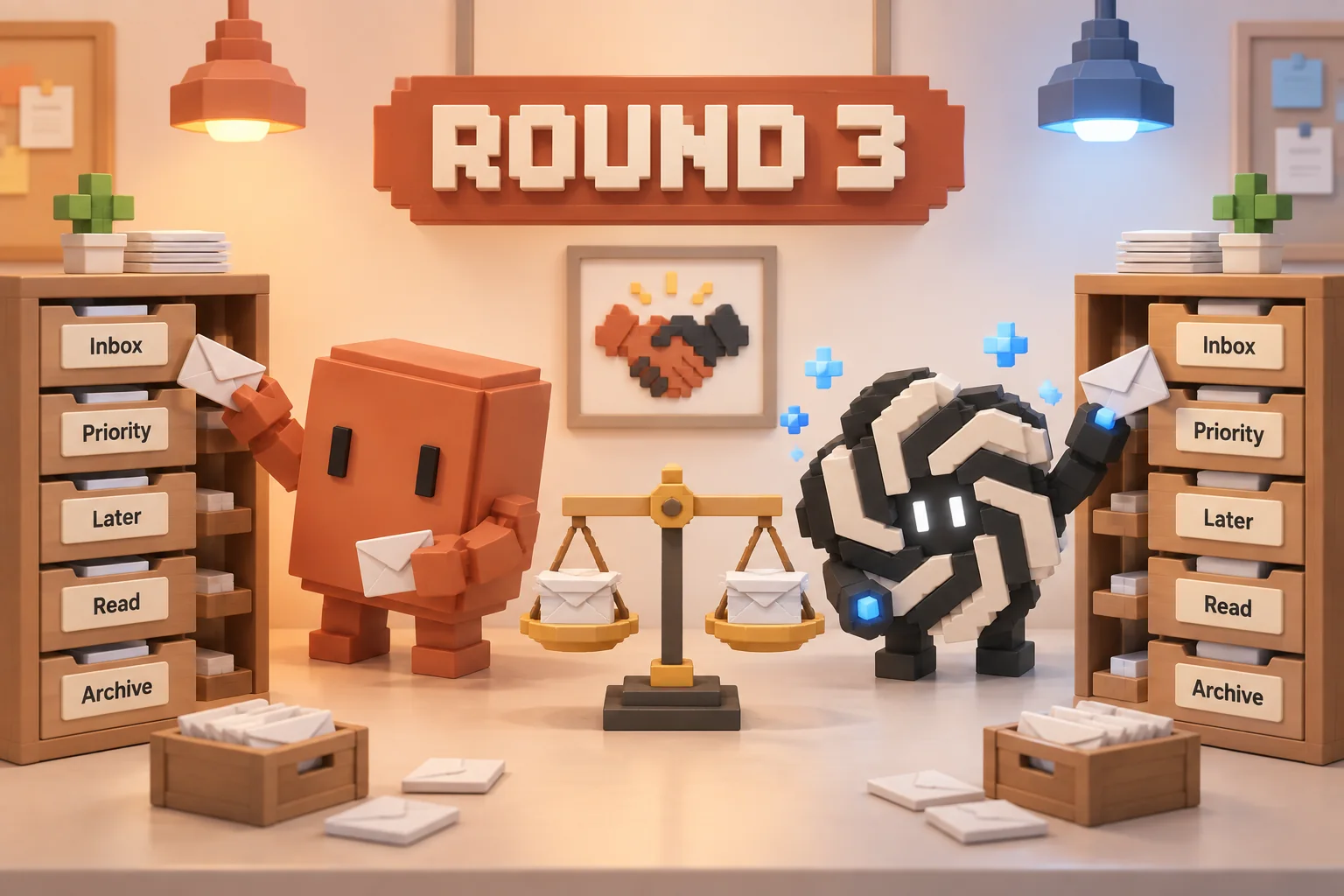 ROUND 3 간판 아래 우편 분류실. 페이블과 아스트라가 똑같은 서랍장 앞에서 같은 속도로 편지를 분류하고 있고 가운데 저울은 수평이다. 벽에 악수 그림