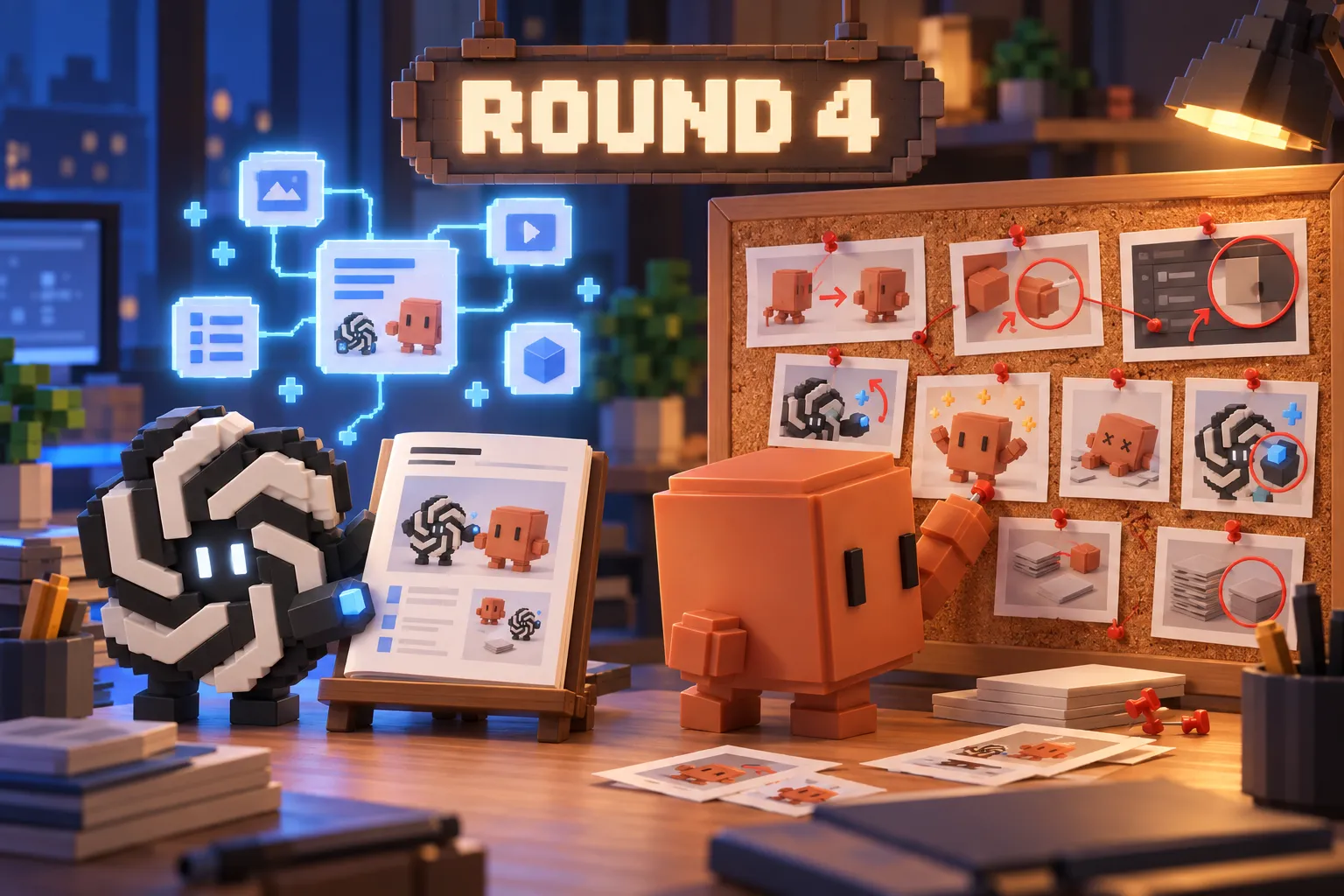 ROUND 4 간판 아래 코르크 게시판과 떠 있는 지식 지도. 흑백 매듭 캐릭터 아스트라는 세련된 소책자를 받침대에 세우고, 주황 블록 캐릭터 페이블은 화살표와 동그라미 표시를 단 캡처 카드를 게시판에 잔뜩 꽂고 있다