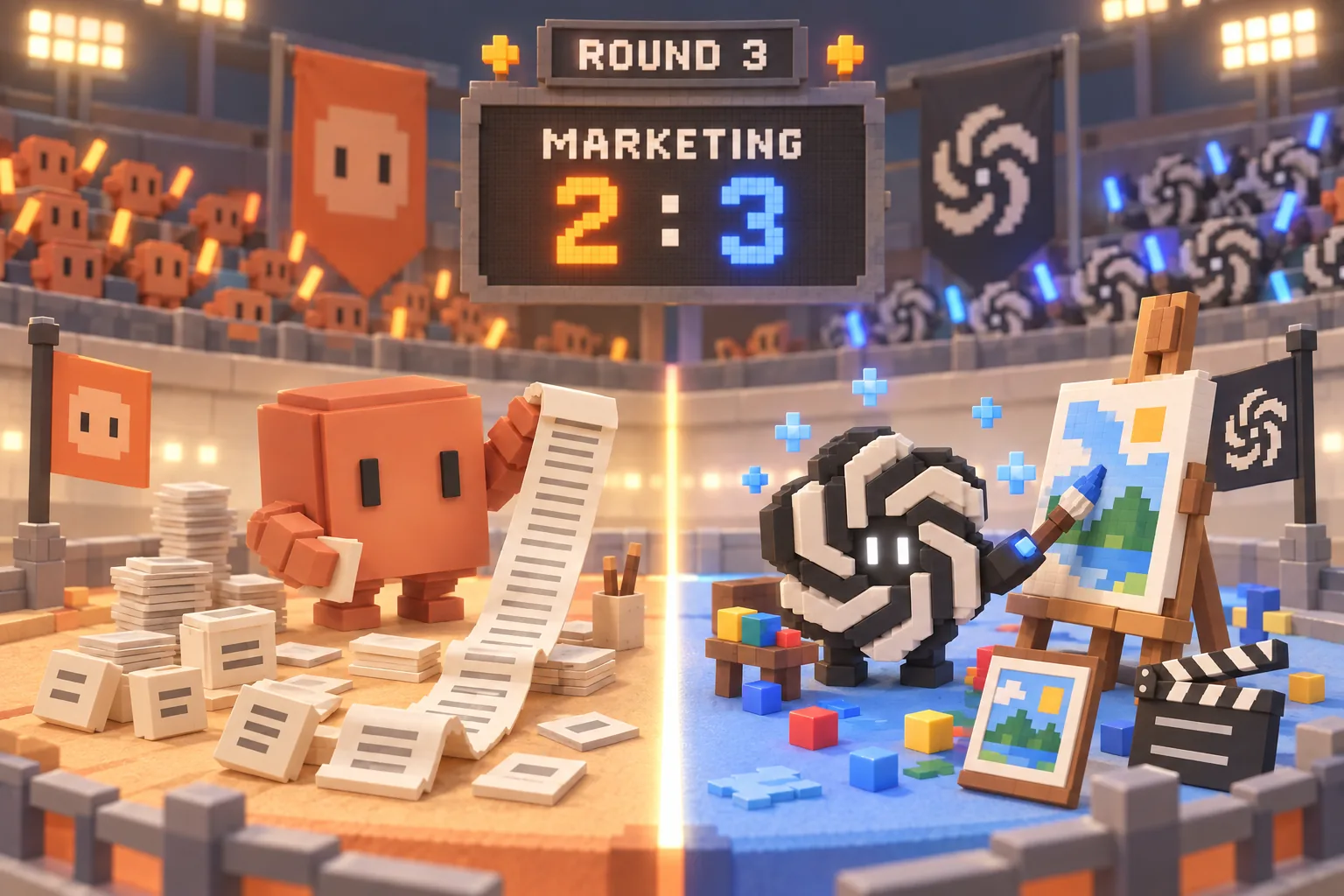 ROUND 3 간판 아래 마케팅팀 경기장. 전광판에 MARKETING 3 : 2. 왼쪽 반은 긴 두루마리 카피를 든 페이블, 오른쪽 반은 이젤 앞에서 붓으로 그림을 그리는 아스트라. 가운데 경계선에 글자 블록과 그림 블록이 갈라져 있다