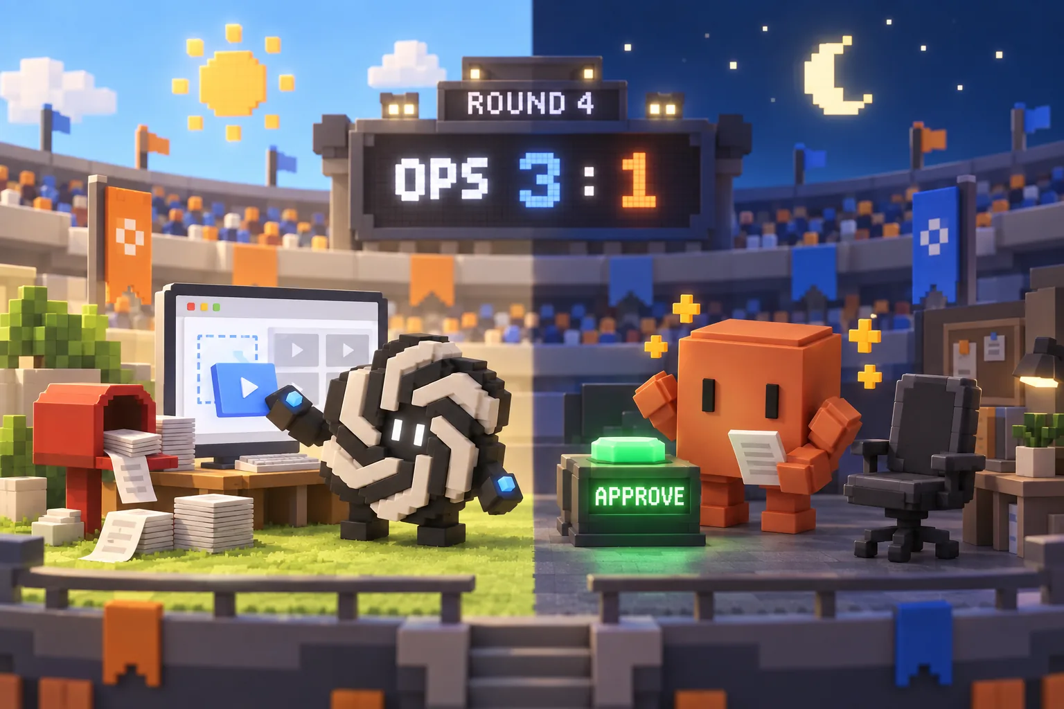 ROUND 4 간판 아래 운영팀 경기장. 전광판에 OPS 3 : 1. 낮 쪽 반에서는 아스트라가 브라우저 창에 영상 타일을 올리고 있고, 밤 쪽 반에서는 페이블이 빈 의자 옆 APPROVE 버튼 앞에서 쪽지를 들고 기다린다. 가운데에 해와 달