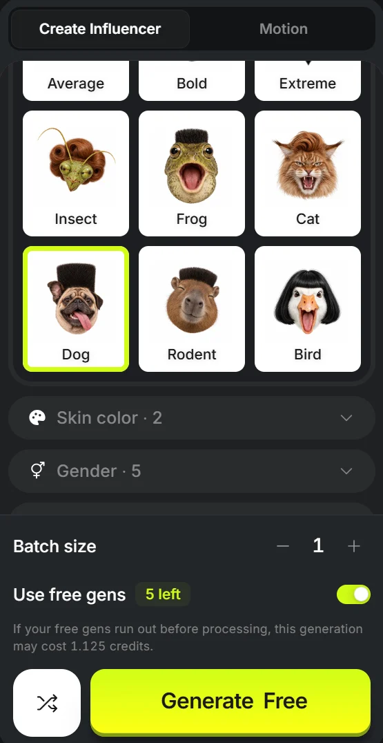 AI 인플루언서 만들기 패널. 캐릭터 종류에서 Dog가 골라져 있고, Use free gens 스위치가 켜진 채 5 left가 표시되며 버튼에 Generate Free라고 적혀 있다