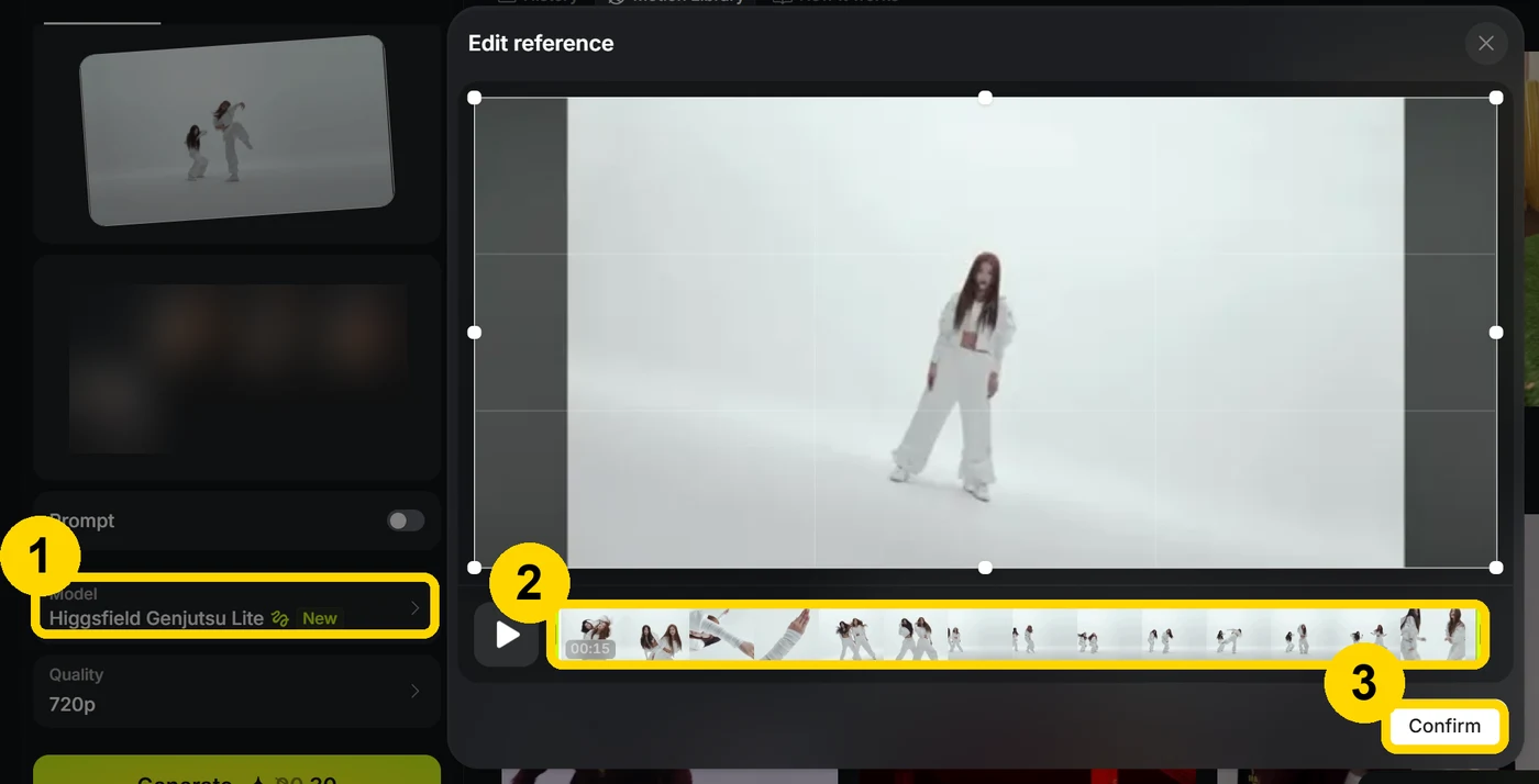 경량 모델로 바꾼 화면. 왼쪽 Model 칸 Higgsfield Genjutsu Lite에 1번, Edit reference 창 아래 노란 구간 막대에 2번, Confirm 버튼에 3번 표시. 왼쪽 예시 사진은 흐리게 가렸다