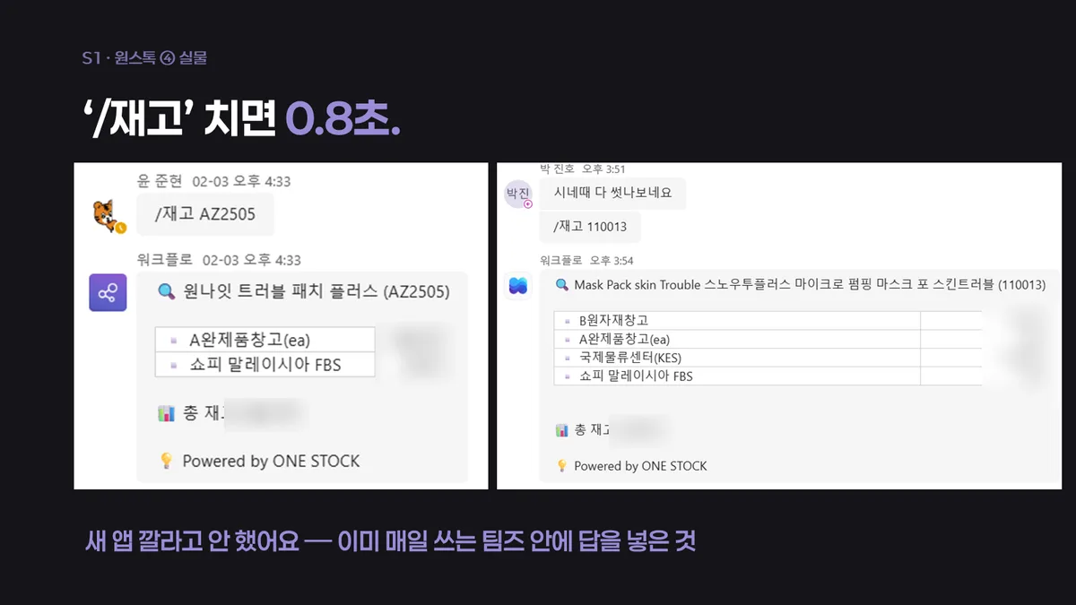메신저에서 '/재고' 치면 0.8초 — 60명이 매일 쓰는 재고봇