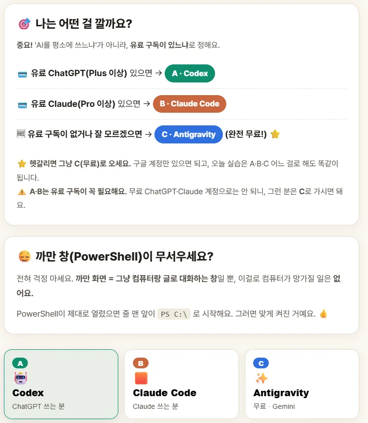 구독 종류별 안내와 "빨간 글씨가 떠도 고장 난 게 아닙니다" 안심 문구까지 — 설치 웹 가이드