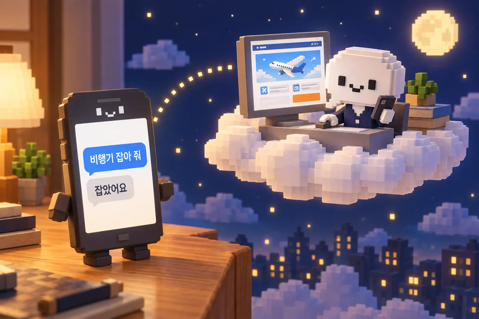 왼쪽 책상 위 폰 화면에는 비행기 잡아 줘와 잡았어요 두 문자만 있고, 오른쪽 구름 위에서는 인스팅트가 큰 컴퓨터 앞에 앉아 항공권 사이트를 클릭하고 있다. 둘 사이를 점선이 잇는다