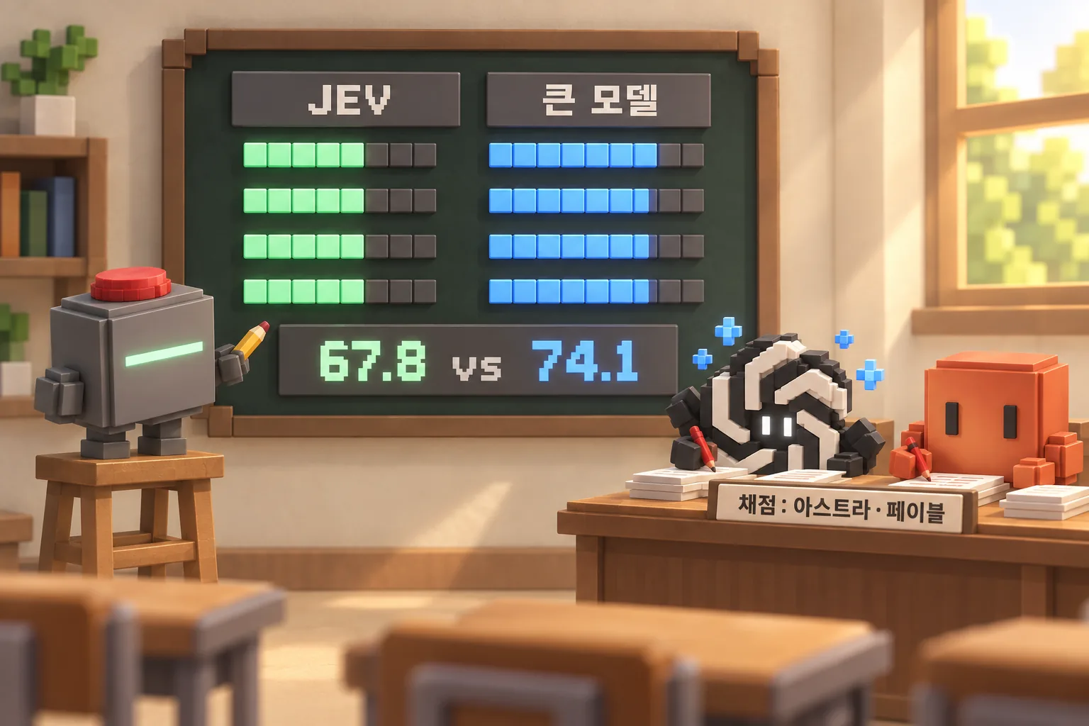 교실 칠판 점수판. 왼쪽 JEV 열은 초록 막대 네 줄, 오른쪽 큰 모델 열은 조금 더 긴 파란 막대 네 줄. 아래에 67.8 vs 74.1. 제브가 의자 위에서 연필을 들고 있고 교탁에는 아스트라와 페이블이 빨간 펜을 들고 앉아 있다. 교탁 팻말에 채점: 아스트라·페이블