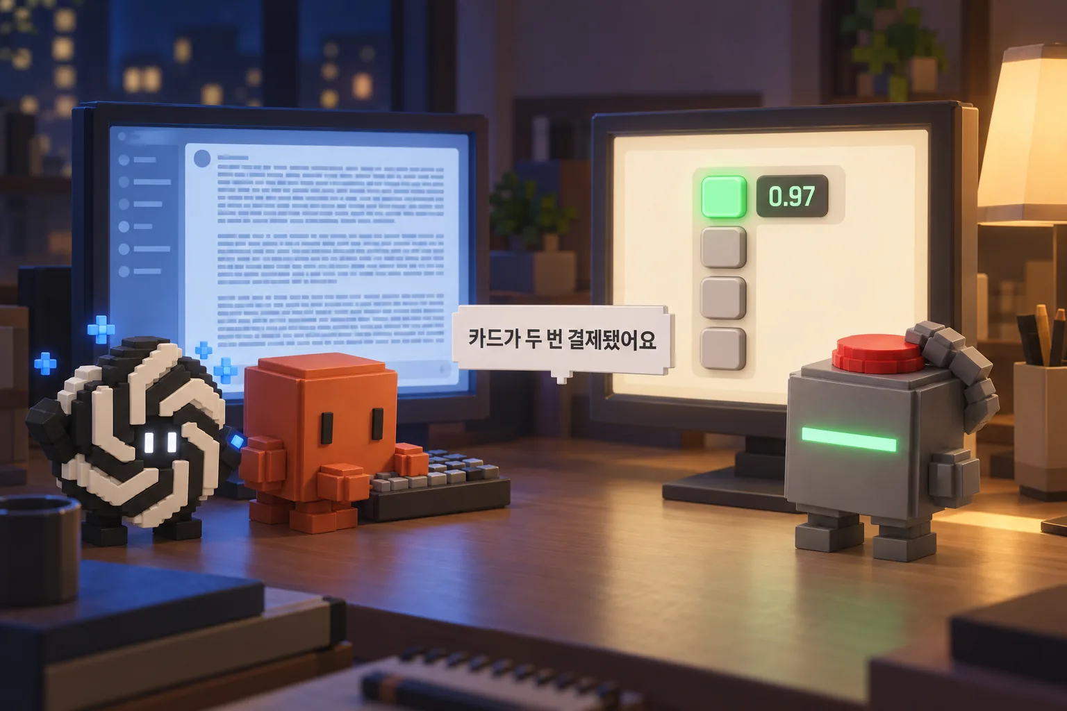 같은 질문에 대한 두 화면. 왼쪽 파란 모니터에는 글이 세 문단 빼곡하고 아스트라와 페이블이 키보드를 치고 있다. 오른쪽 모니터에는 버튼 네 개만 있고 맨 위 버튼이 초록으로 켜지며 0.97이 떠 있다. 옆에서 제브가 머리 위 빨간 버저를 누르고 있다. 가운데 말풍선에 카드가 두 번 결제됐어요