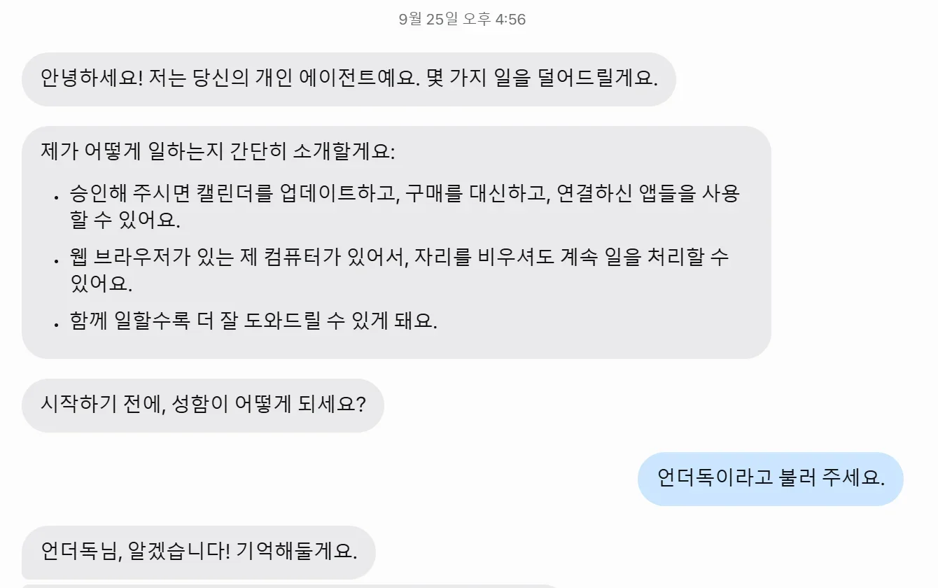 뮤즈 첫 대화. 안녕하세요 저는 당신의 개인 에이전트예요, 제가 어떻게 일하는지 소개 세 줄, 성함이 어떻게 되세요 질문, 언더독이라고 불러 주세요 답과 언더독님 알겠습니다 기억해둘게요