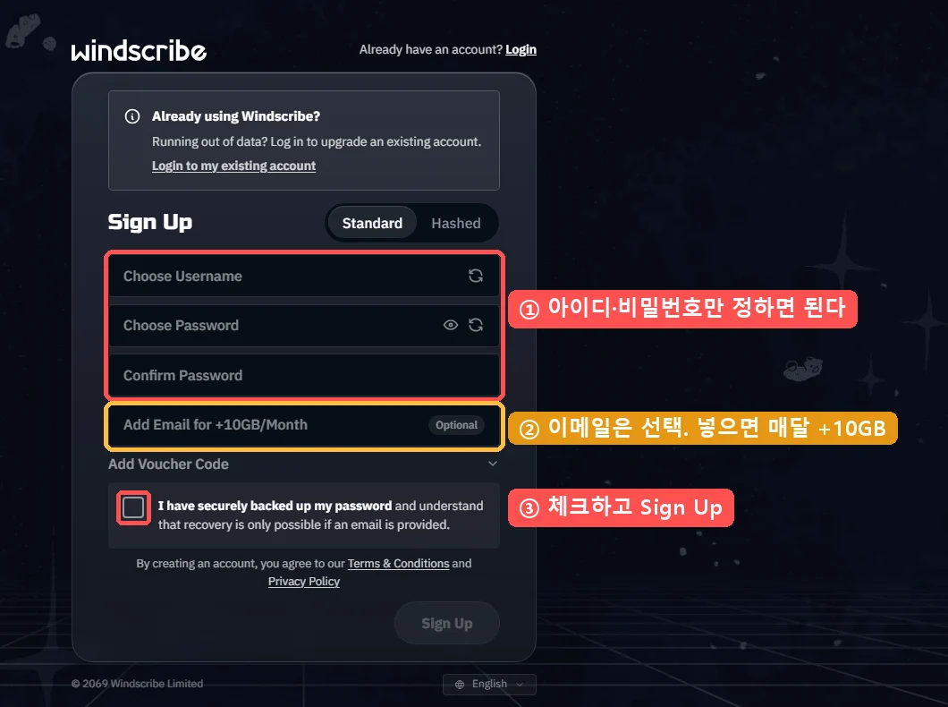 윈드스크라이브 가입 페이지. 아이디와 비밀번호 칸에 1번, 이메일 칸 Add Email for +10GB/Month Optional에 2번, 비밀번호 백업 확인 체크박스에 3번 표시