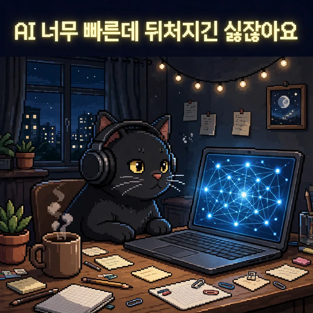 뮤즈가 만든 픽셀 아트 홍보 이미지. 노란 픽셀 글씨 AI 너무 빠른데 뒤처지긴 싫잖아요, 헤드폰을 쓴 검은 고양이