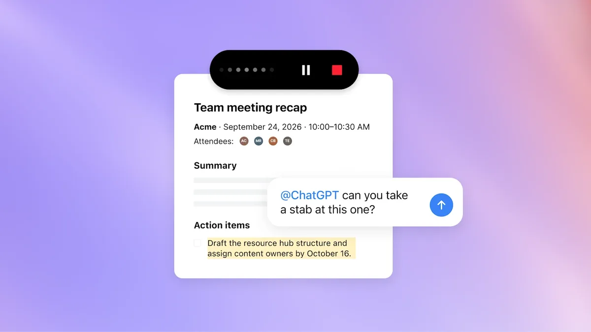 Team meeting recap 회의록 카드에 요약과 할 일이 있고 @ChatGPT에게 초안을 부탁하는 말풍선