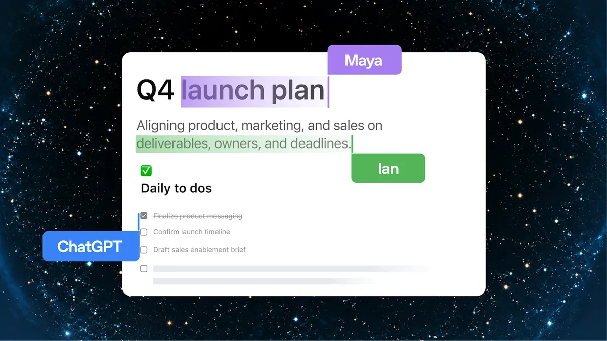 Q4 launch plan 문서를 팀원 둘과 챗GPT가 동시에 고치는 페이지 화면