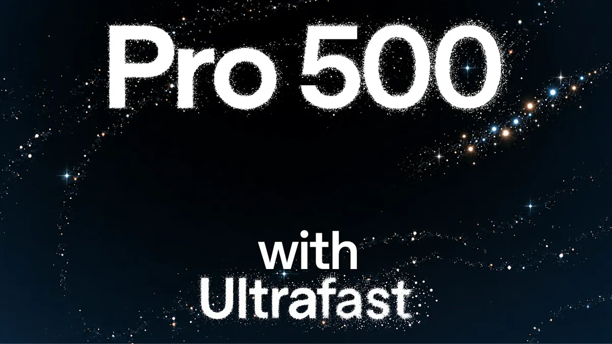 우주 배경에 Pro 500 with Ultrafast 글자가 있는 발표 이미지