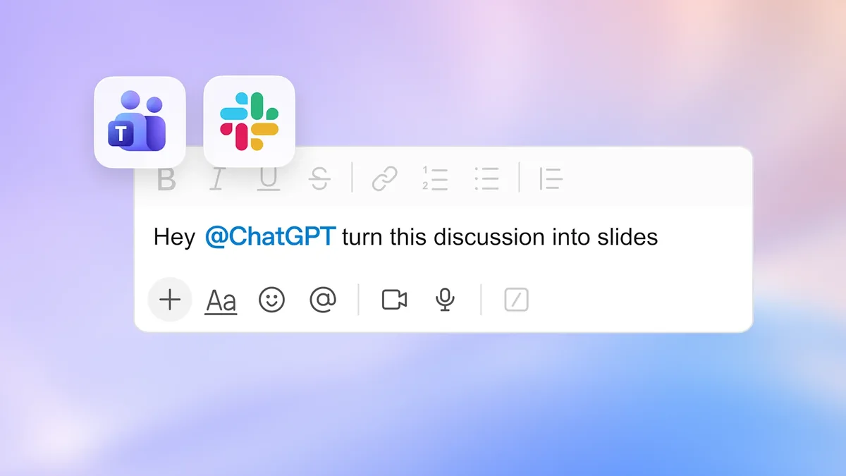 슬랙과 팀즈 아이콘 아래 메시지 입력창에 Hey @ChatGPT turn this discussion into slides라고 적힌 화면