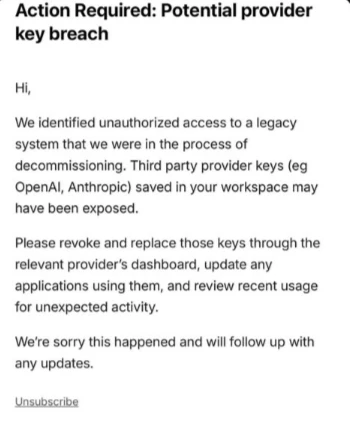 오픈코드 안내 메일. 제목은 Action Required: Potential provider key breach. 폐기 중이던 레거시 시스템에 무단 접근이 있었고 작업 공간에 저장한 오픈AI·앤트로픽 등 외부 키가 노출됐을 수 있으니 각 회사 대시보드에서 키를 폐기하고 교체한 뒤 최근 사용 내역을 확인하라는 내용