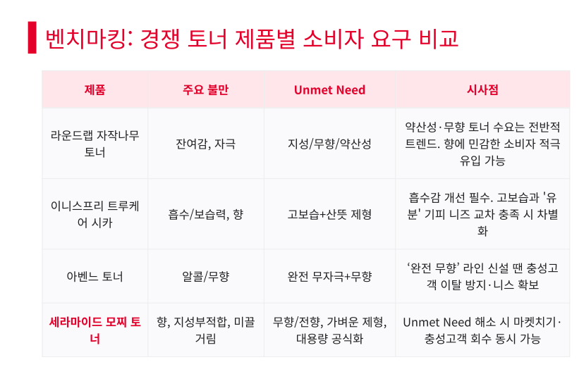 모델이 자유 생성한 리포트에 들어 있던 경쟁 토너 비교표. 라운드랩, 이니스프리, 아벤느