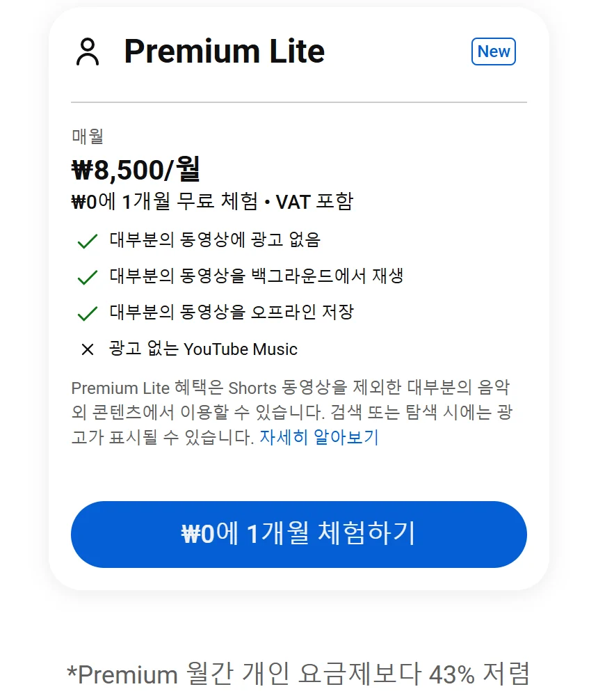 한국 유튜브 프리미엄 페이지의 Premium Lite 카드. New 표시, 매월 8,500원/월, 0원에 1개월 무료 체험, VAT 포함. 대부분의 동영상에 광고 없음, 대부분의 동영상을 백그라운드에서 재생, 대부분의 동영상을 오프라인 저장은 체크, 광고 없는 YouTube Music은 X. Premium Lite 혜택은 Shorts 동영상을 제외한 대부분의 음악 외 콘텐츠에서 이용할 수 있습니다. 검색 또는 탐색 시에는 광고가 표시될 수 있습니다. 아래 Premium 월간 개인 요금제보다 43% 저렴